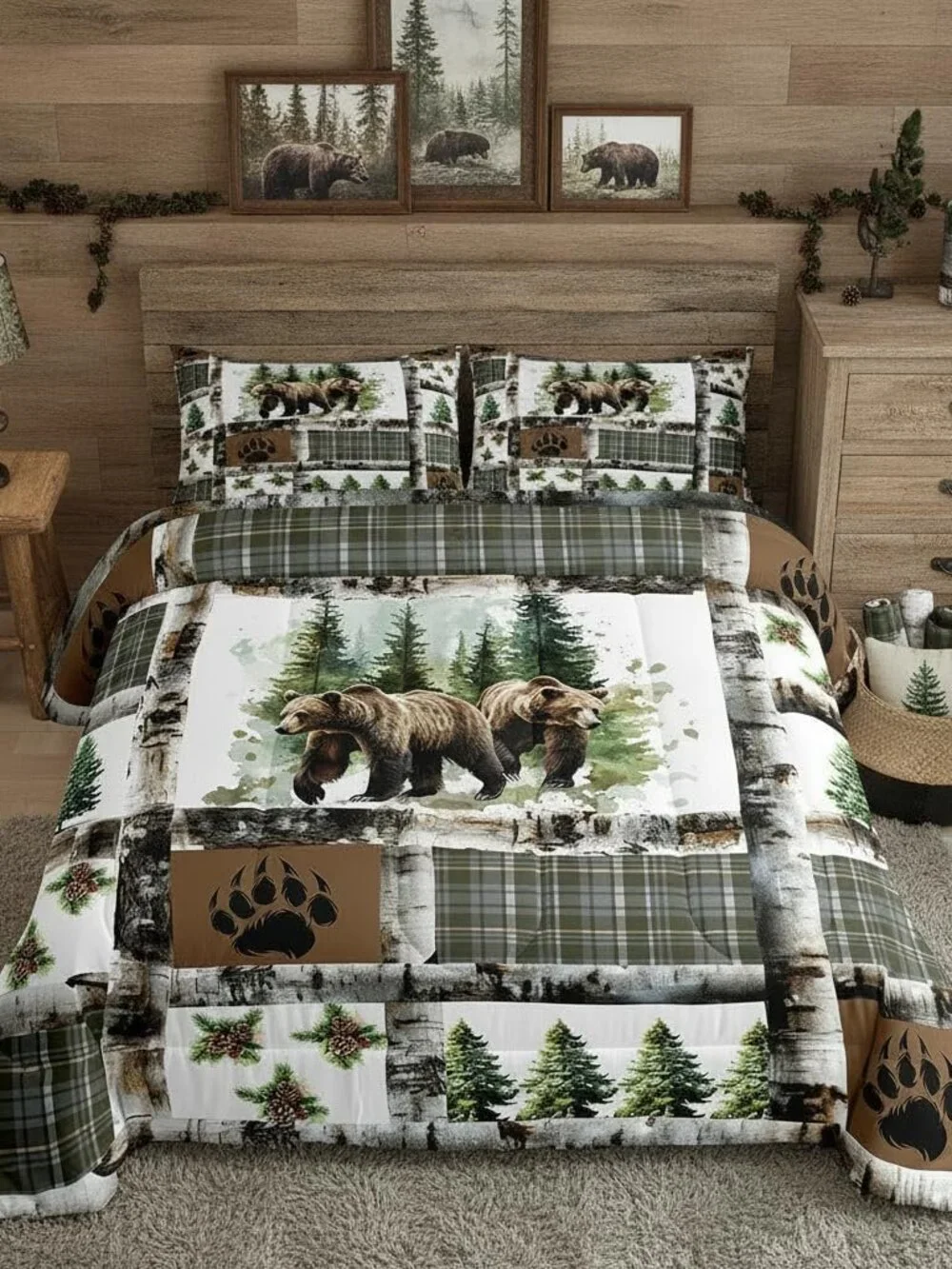 Rustic Bear Bedding Set Hunting Theme Comforter Set for Kids Boys Girls Bear Paw